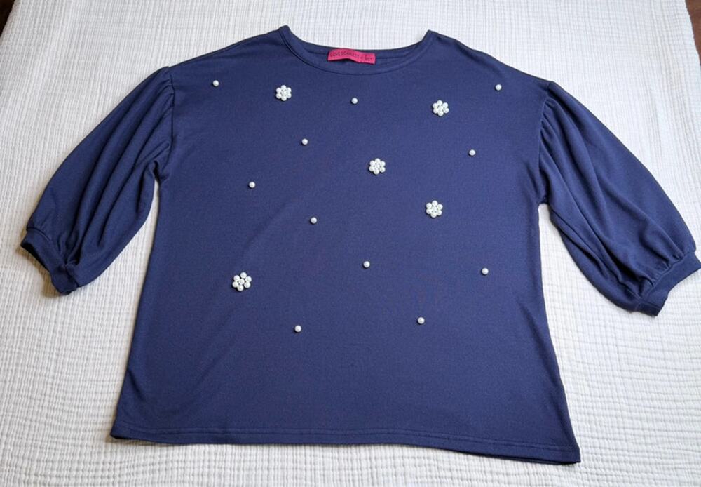 love Scarlett Navy Pearl Embellished Puff Sleeve Knit Top M